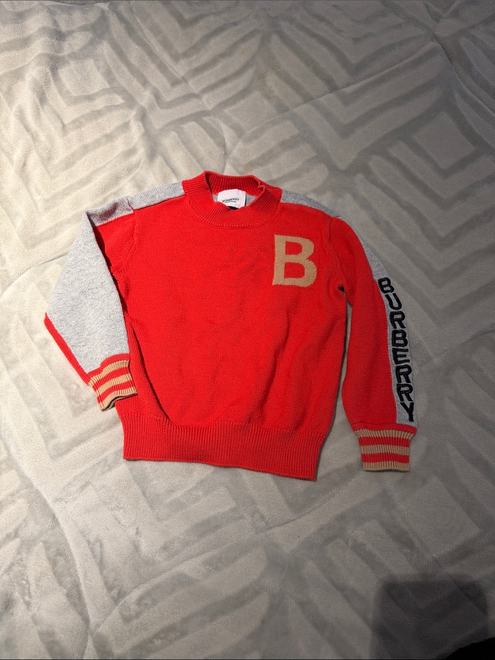 Burberry Red Crewneck Sweater with Gray Sleeve and Gold 'B'